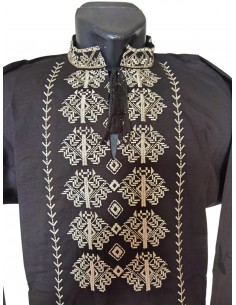 Ie Traditionala Barbati Neagra cu Broderie Bej Geometrica 2