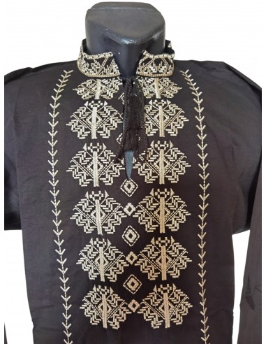 Ie Traditionala Barbati Neagra cu Broderie Bej Geometrica