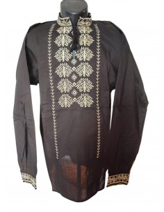 Ie Traditionala Barbati Neagra cu Broderie Bej Geometrica