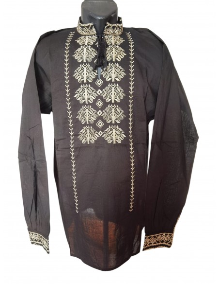 Ie Traditionala Barbati Neagra cu Broderie Bej Geometrica