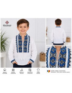 Ie traditionala baieti alba cu broderie albastra si neagra model geometric autentic 2