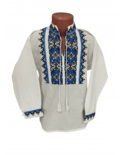 Ie traditionala baieti alba cu broderie albastra si neagra model geometric autentic