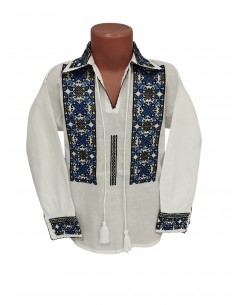 Ie traditionala baieti alba cu broderie albastra si neagra model geometric romanesc