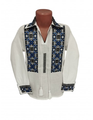 Ie traditionala baieti alba cu broderie albastra si neagra model geometric romanesc