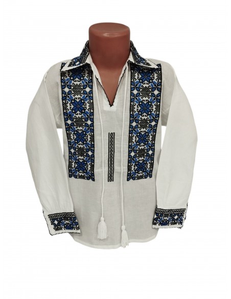 Ie traditionala baieti alba cu broderie albastra si neagra model geometric romanesc