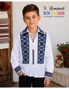 Ie traditionala baieti alba cu broderie albastra si neagra model geometric romanesc 2