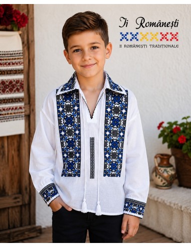 Ie traditionala baieti alba cu broderie albastra si neagra model geometric romanesc