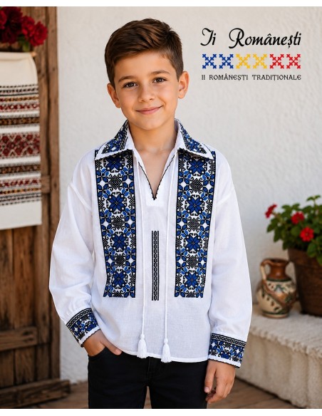 Ie traditionala baieti alba cu broderie albastra si neagra model geometric romanesc
