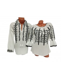 Set traditional cuplu alb cu broderie neagra ie dama si camasa traditionala barbat