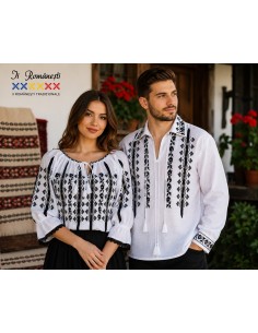 Set traditional cuplu alb cu broderie neagra ie dama si camasa traditionala barbat 2