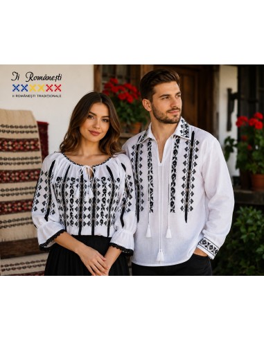 Set traditional cuplu alb cu broderie neagra ie dama si camasa traditionala barbat