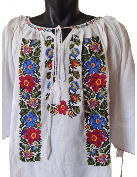 Ie traditionala dama alba marimi mari 7XL 8XL 9XL cu broderie florala multicolora