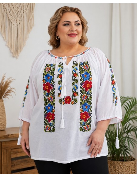 Ie traditionala dama alba marimi mari 7XL 8XL 9XL cu broderie florala multicolora