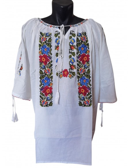 Ie traditionala dama alba marimi mari 7XL 8XL 9XL cu broderie florala multicolora