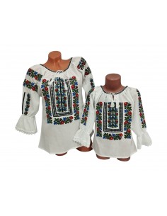 Set mama si fiica cu ii traditionale albe brodate floral rosu si albastru
