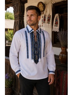 Camasa traditionala barbati alba cu broderie geometrica albastra si neagra model autentic romanesc 2