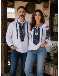 Set traditional cuplu cu ie dama si camasa traditionala barbati brodate geometric albastru 2