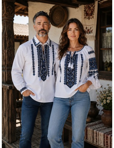 Set traditional cuplu cu ie dama si camasa traditionala barbati brodate geometric albastru