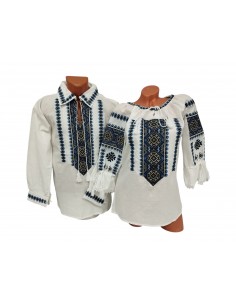 Set traditional cuplu cu ie dama si camasa traditionala barbati brodate geometric albastru
