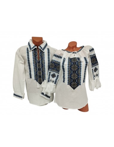 Set traditional cuplu cu ie dama si camasa traditionala barbati brodate geometric albastru