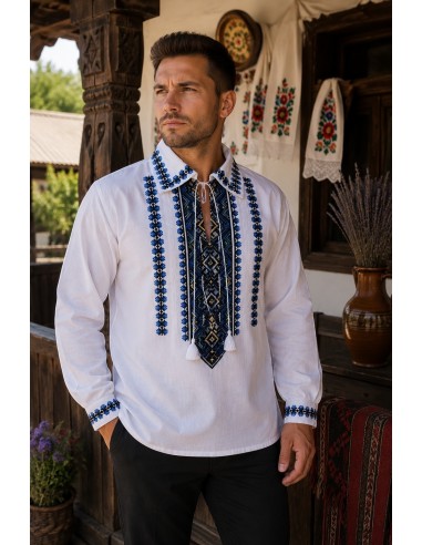 Set traditional cuplu cu ie dama si camasa traditionala barbati brodate geometric albastru