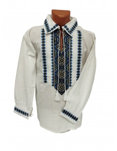Set traditional cuplu cu ie dama si camasa traditionala barbati brodate geometric albastru