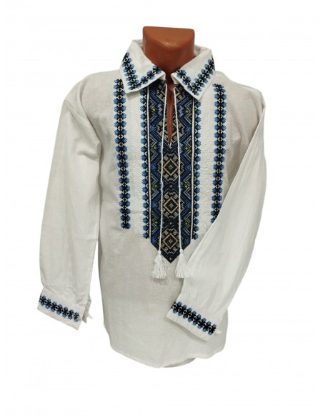 Set traditional cuplu cu ie dama si camasa traditionala barbati brodate geometric albastru