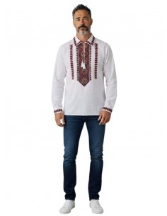 Camasa traditionala barbateasca brodata cu motive geometrice rosu si negru funkymag.ro 2