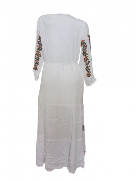 Rochie traditionala alba dama cu broderie florala multicolora si maneca trei sferturi