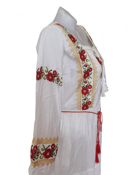 Rochie traditionala alba dama cu broderie rosie si aurie, maneca trei sferturi si croiala lunga