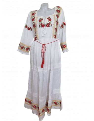Rochie traditionala alba dama cu broderie rosie si aurie, maneca trei sferturi si croiala lunga