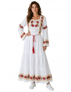 Rochie traditionala alba dama cu broderie rosie si aurie, maneca trei sferturi si croiala lunga 2