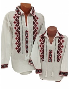 Camasi Traditionale Tata si Fiu Albe cu Broderie Rosie si Neagra