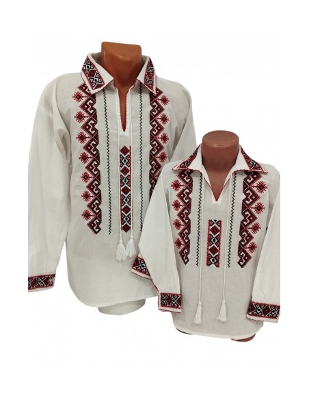 Camasi Traditionale Tata si Fiu Albe cu Broderie Rosie si Neagra