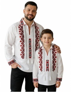 Camasi Traditionale Tata si Fiu Albe cu Broderie Rosie si Neagra 2